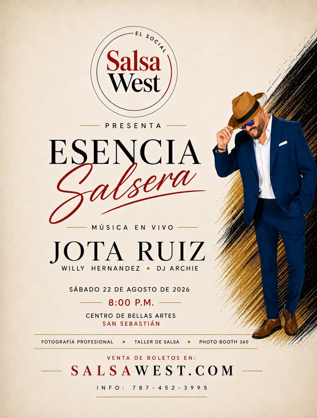 Esencia Salsera — Salsa West El Social presenta música en vivo con Jota Ruiz, Willy Hernández y DJ Archie. Sábado 22 de agosto de 2026, 8:00 PM, Centro de Bellas Artes, San Sebastián